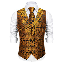 DiBanGu Black Gold Paisley Notched Collar Silk Mens Dress Vest Tie Set