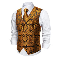 DiBanGu Black Gold Paisley Notched Collar Silk Mens Dress Vest Tie Set