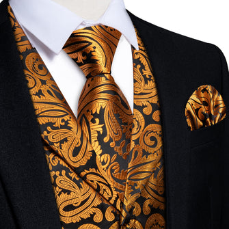 DiBanGu Black Gold Paisley Notched Collar Silk Mens Dress Vest Tie Set