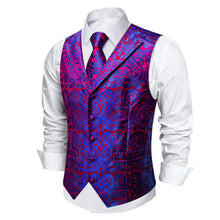 DiBanGu Purple Blue Paisley Notched Collar Silk Mens Dress Vest Tie Set