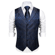 DiBanGu Deep Blue Black Paisley Notched Collar Silk Mens Dress Vest Tie Set