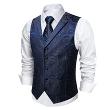 DiBanGu Deep Blue Black Paisley Notched Collar Silk Mens Dress Vest Tie Set