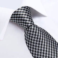 Black Silver Plaid Men's Tie Handkerchief Cufflinks Clip Set