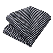 Black Silver Plaid Men's Tie Handkerchief Cufflinks Clip Set