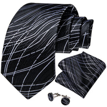 Black White Stripe Men's Tie Pocket Square Cufflinks Set