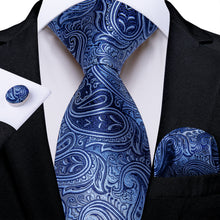 Blue Silver Floral Men's Tie Pocket Square Cufflinks Set