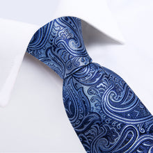 Blue Silver Floral Men's Tie Pocket Square Cufflinks Set