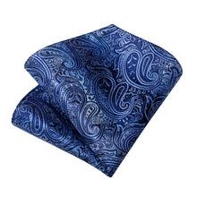 Blue Silver Floral Men's Tie Pocket Square Cufflinks Set