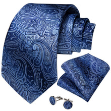 Blue Silver Floral Men's Tie Pocket Square Cufflinks Set