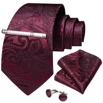 Claret Floral Men's Tie Handkerchief Cufflinks Clip Set