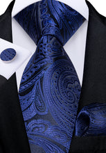 Blue Floral Men's Tie Handkerchief Cufflinks Clip Set