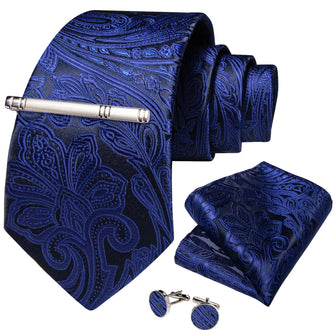 Blue Floral Men's Tie Handkerchief Cufflinks Clip Set