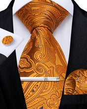 Luxury Golden Floral Men's Tie Handkerchief Cufflinks Clip Set