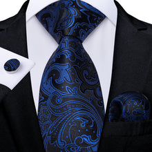 Black Blue Floral Men's Tie Handkerchief Cufflinks Set