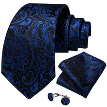 Black Blue Floral Men's Tie Handkerchief Cufflinks Set