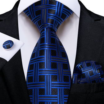 Blue Black Plaid Men's Tie Pocket Square Handkerchief Set