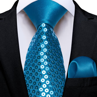 Fashionable and elegant men's must-have tie solid sequin bright blue tie handkerchief set