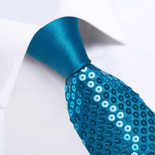 fashion mens tie sequin solid blue teal ties pocket square set for party suit