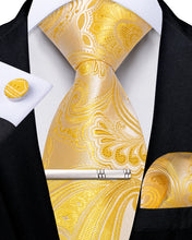 Yellow Floral Men's Tie Handkerchief Cufflinks Clip Set