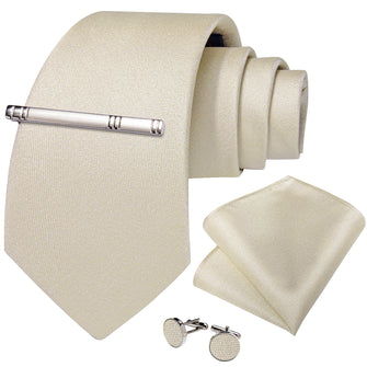 Khaki Solid Men's Tie Handkerchief Cufflinks Clip Set