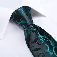 Black Teal Floral Men's Tie Pocket Square Handkerchief Set