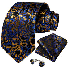 Black Blue Golden Floral Men's Tie Pocket Square Cufflinks Set