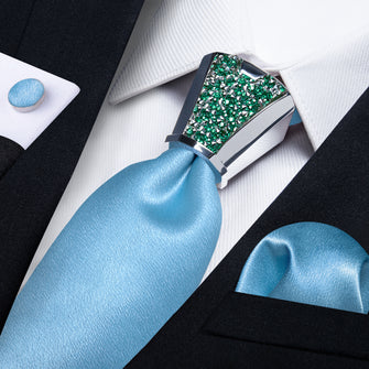 mens suit and tie of silk mens Shining Baby Blue Tie handkerchief cufflinks set with mens tie accessory ring set for wedding