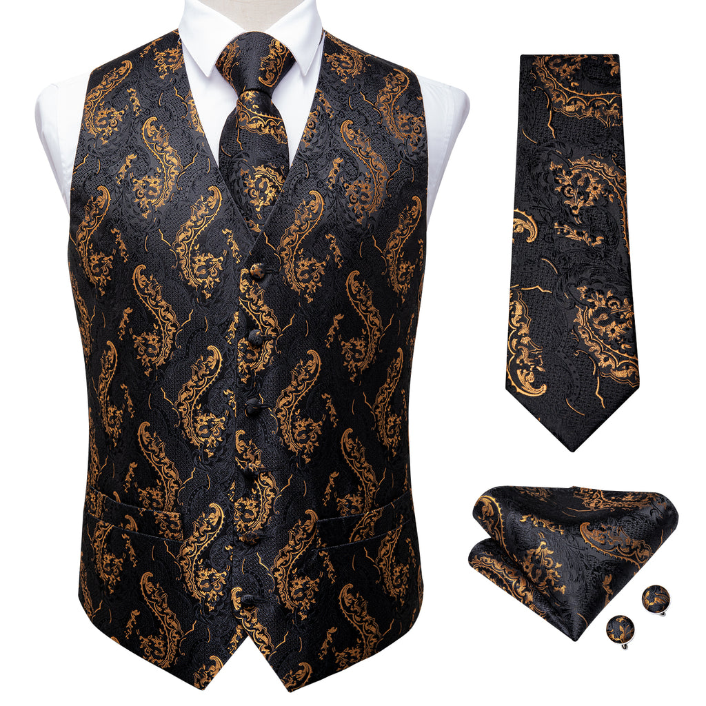 Black Gold Floral Jacquard Silk Waistcoat Vest Handkerchief Cufflinks ...