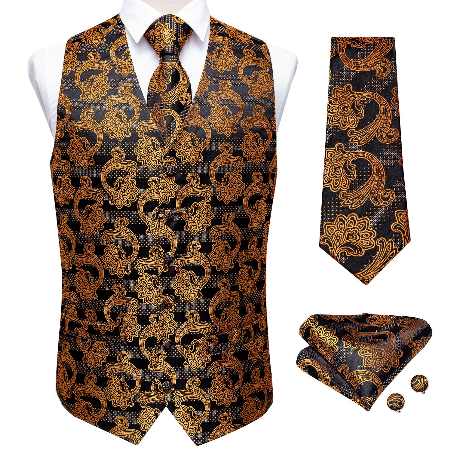 Men's Classic Golden Black Floral Jacquard Silk Waistcoat Vest Tie Poc ...