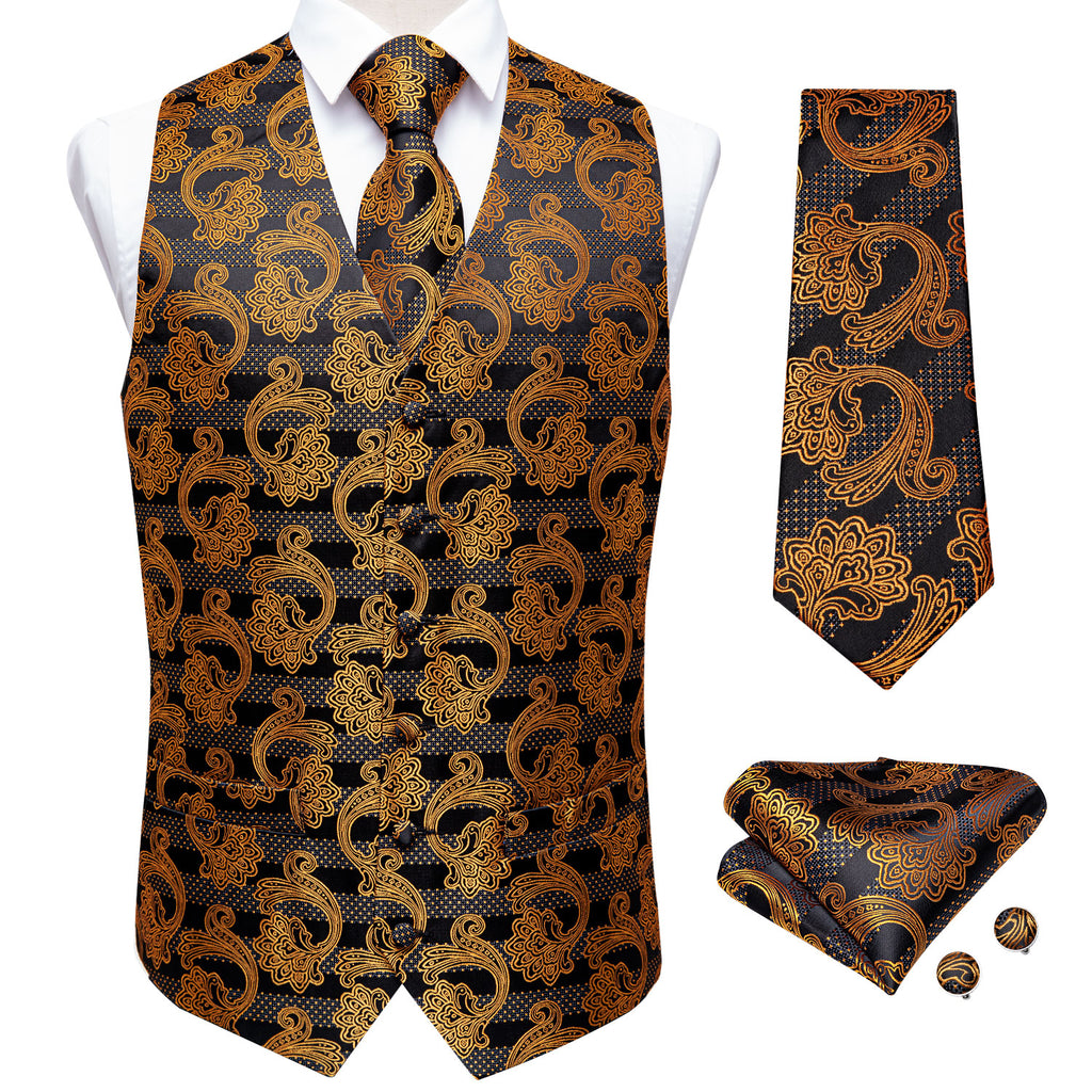 Men's Classic Golden Black Floral Jacquard Silk Waistcoat Vest Tie Poc ...