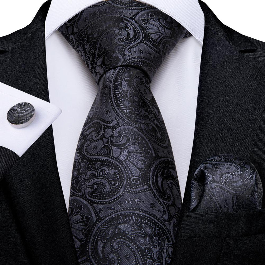 Black Paisley Tie Pocket Square Cufflinks Set– DiBanGuStore