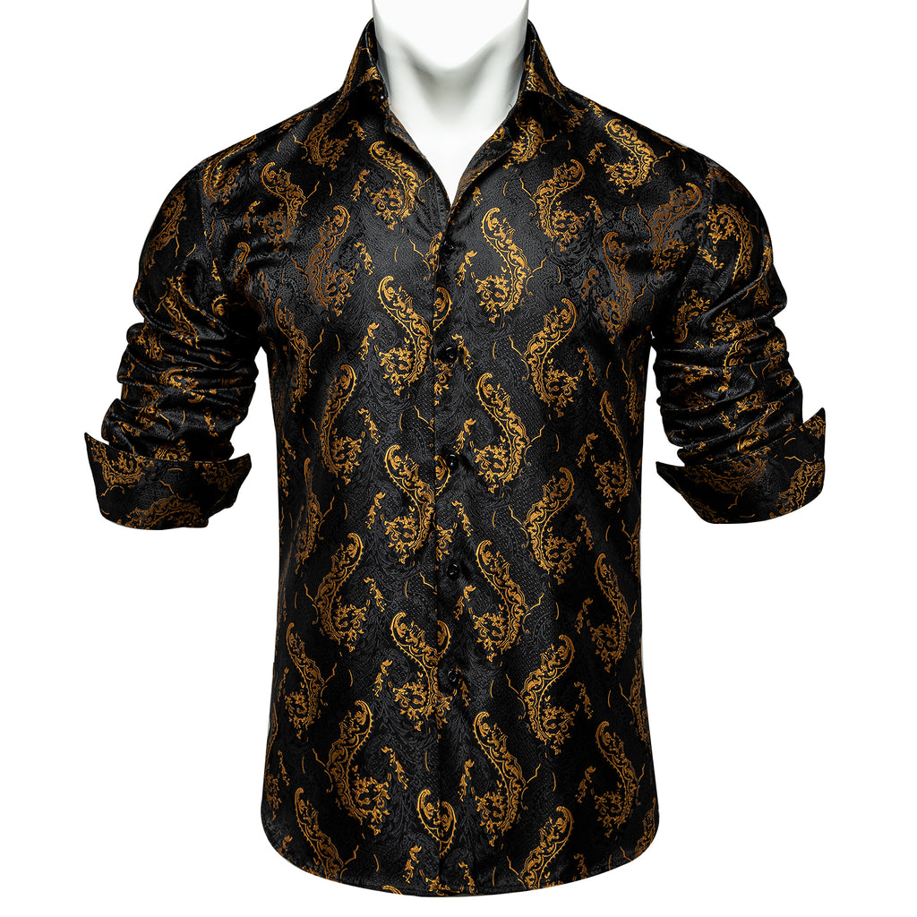 Dibangu Black Golden Paisley Silk Men's Button Up Slim-Fit Shirt ...