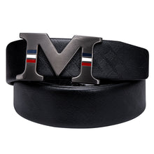 Grey M Letter Metal Automatic Buckle Black Leather Dress Belts