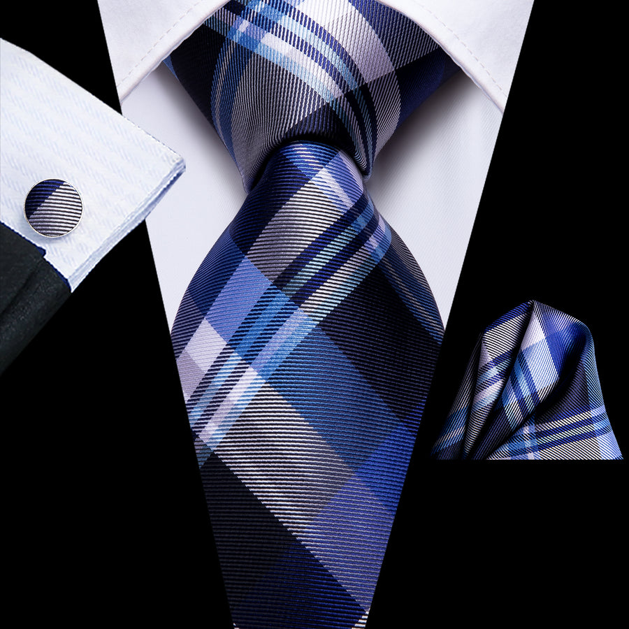 Beautiful Men's Blue Grey Plaid Tie Set– DiBanGuStore