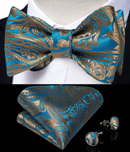 Blue Gold Paisley Self-Bowtie Pocket Square Cufflinks With Lapel Pin (4618935631953)