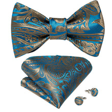 Blue Gold Paisley Self-Bowtie Pocket Square Cufflinks With Lapel Pin (4618935631953)