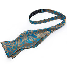 Blue Gold Paisley Self-Bowtie Pocket Square Cufflinks With Lapel Pin (4618935631953)