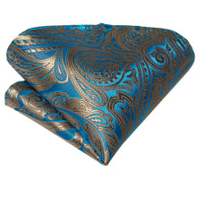 Blue Gold Paisley Self-Bowtie Pocket Square Cufflinks With Lapel Pin (4618935631953)