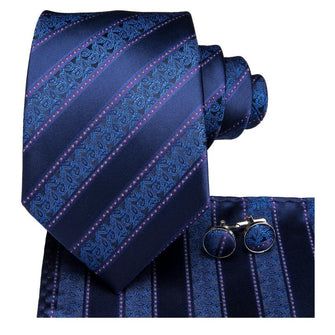 Blue Purple  Striped  Men's Tie Pocket Square Cufflinks Set (1915344814122)