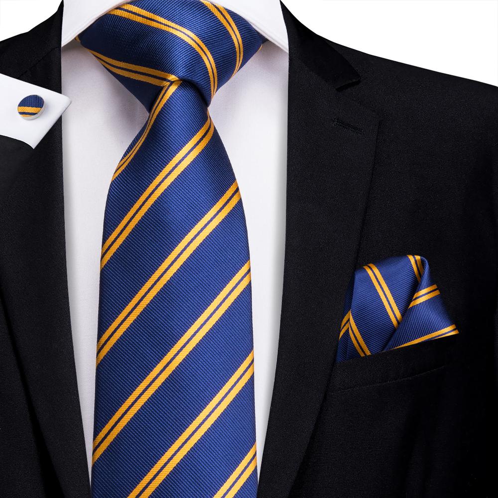 Blue Gold Striped Men's Tie Pocket Square Cufflinks Set– DiBanGuStore
