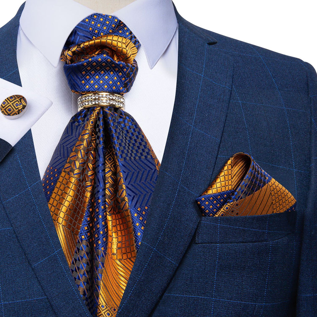 DiBanGu Men's Tie Blue Yellow Plaid Silk Ascot Tie Set With Tie Ring ...