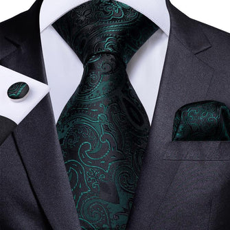 business suit silk mens dark green floral ties pocket square cufflinks set