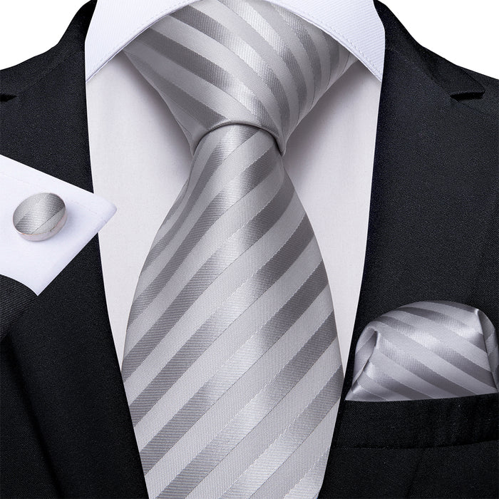 Grey White Striped Men's Tie Pocket Square Cufflinks Set– DiBanGuStore