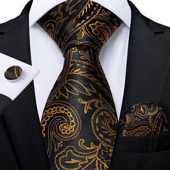 Beautiful Black Golden Paisley Tie Pocket Square Cufflinks Set ...