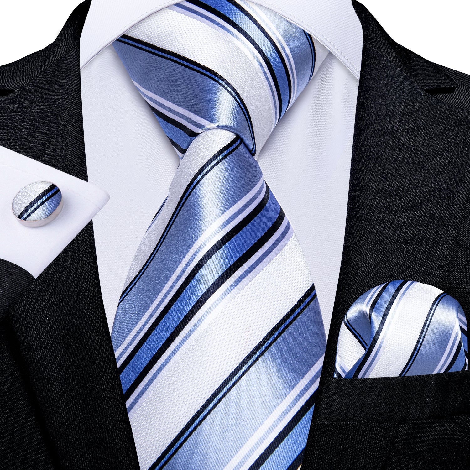 White Blue Striped Men's Tie Handkerchief Cufflinks Set – DiBanGuStore