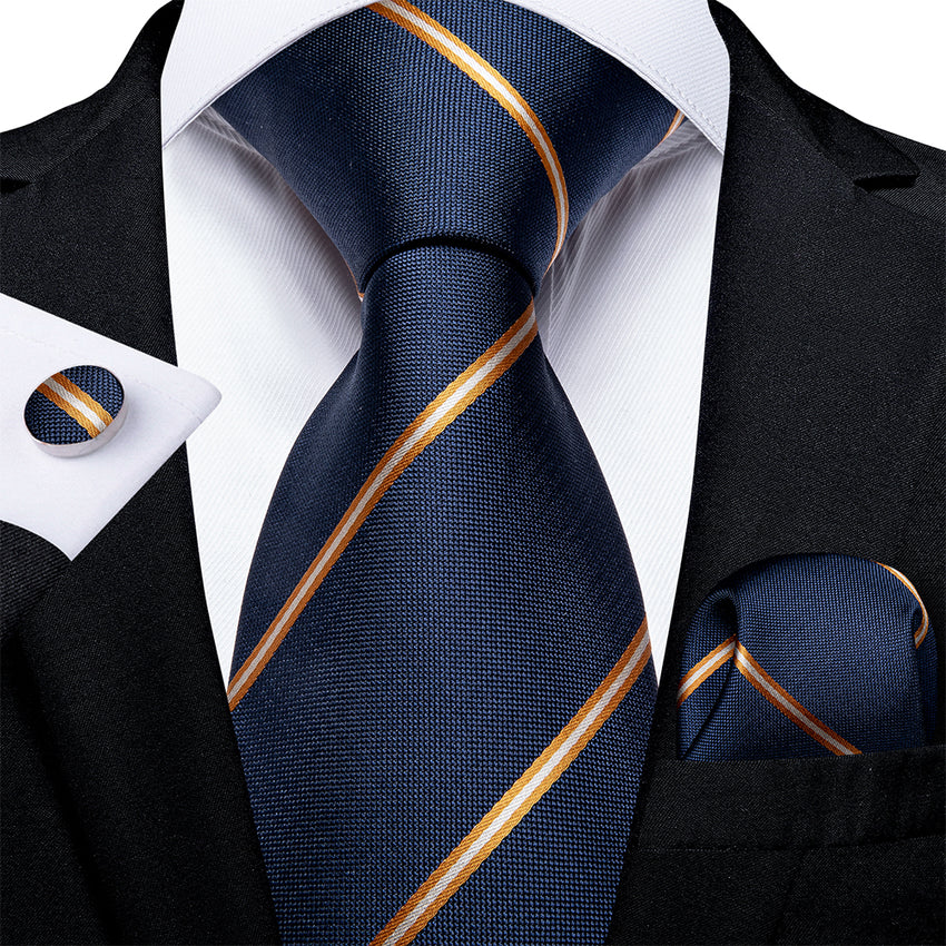 Blue Orange Striped Men's Tie Handkerchief Cufflinks Set– DiBanGuStore