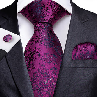 Purplish Red Paisley Men's Tie Handkerchief Cufflinks Set (1932232687658)