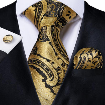 Yellow Black Floral Men's Tie Handkerchief Cufflinks Set– DiBanGuStore
