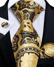 business dress black gold floral mens ties pocket square cufflinks set