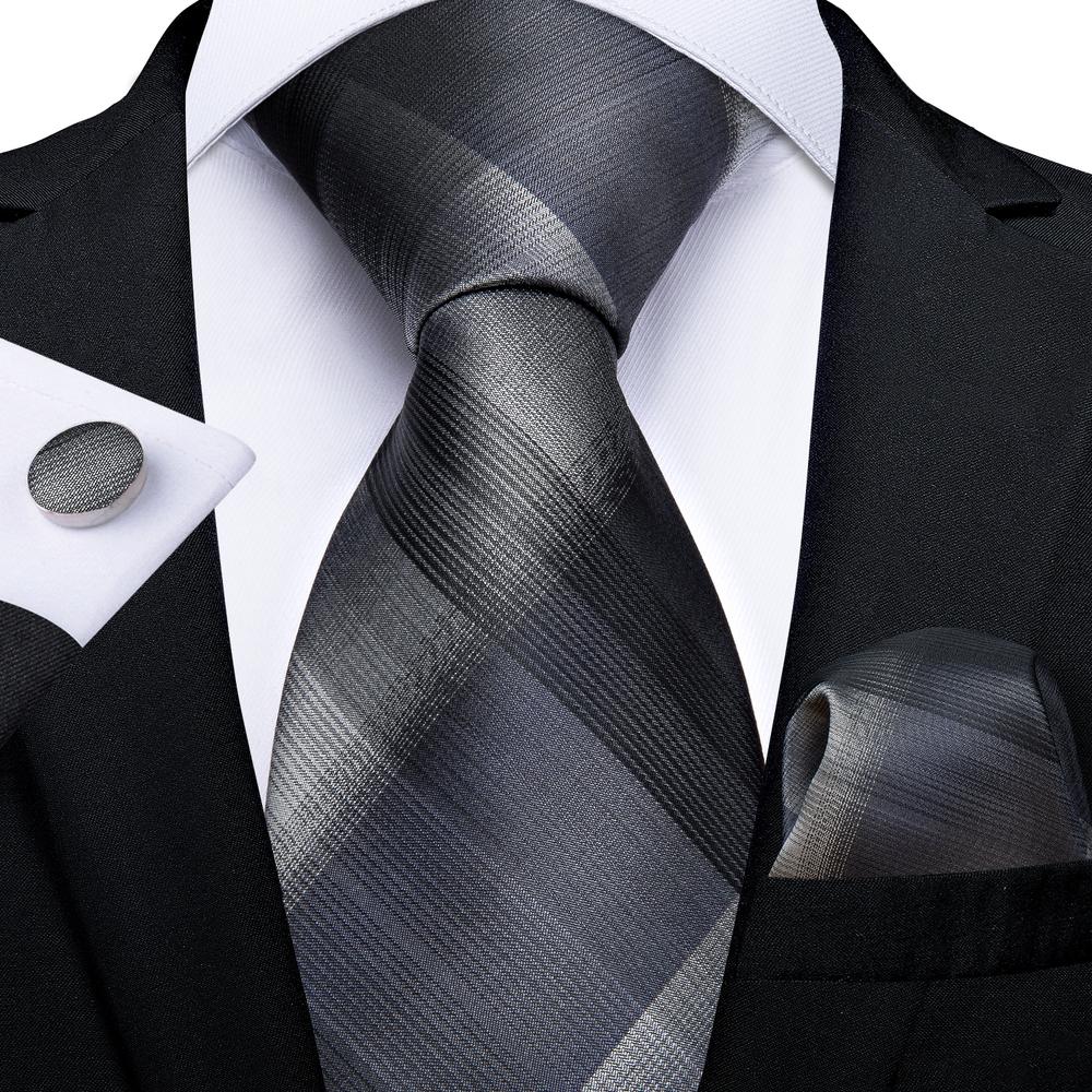 New Dark Grey Striped Tie Pocket Square Cufflinks Set – DiBanGuStore